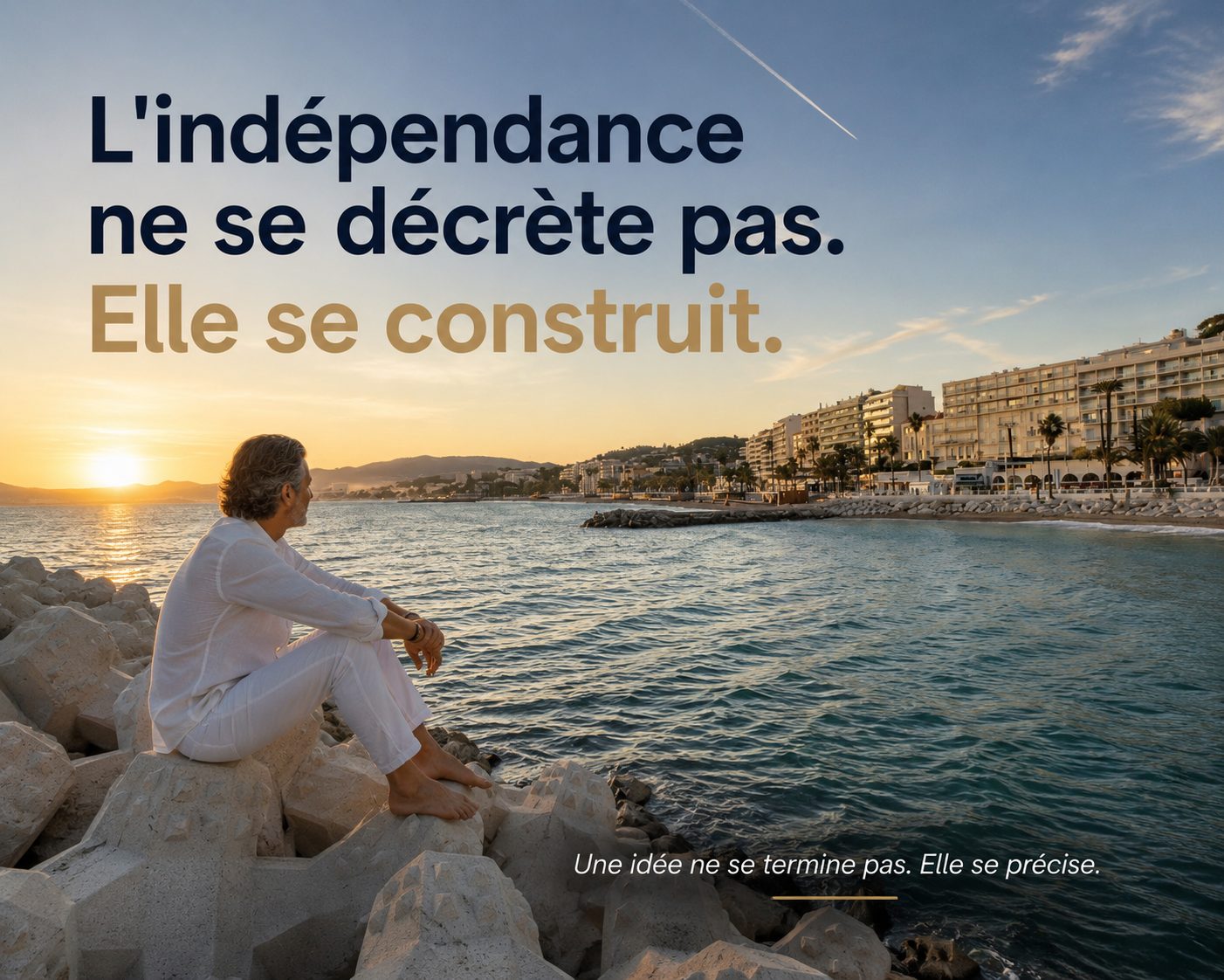 Nicolas Lemaire assis sur les rochers à Cannes face à la mer avec la citation L’indépendance ne se décrète pas, elle se construit